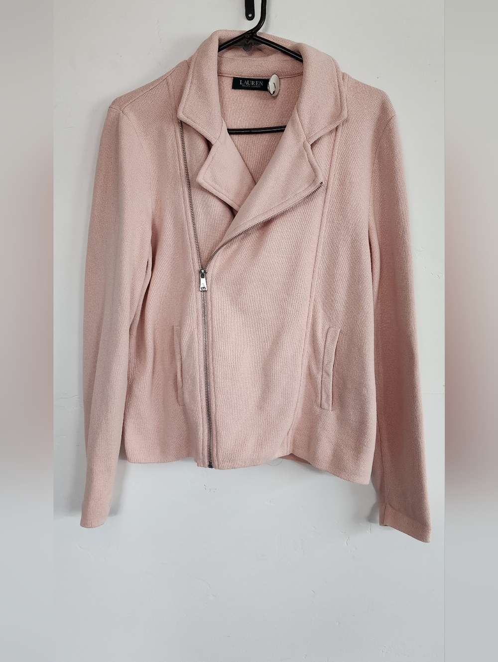 Lauren Ralph Lauren Pale Pink Asymmetrical Zip Knit Moto Jacket